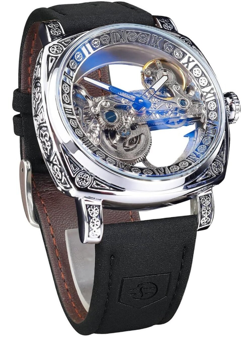Men's Black Retro Totem Double Sided Hollow Skeleton Luxury Square Wrist Watch